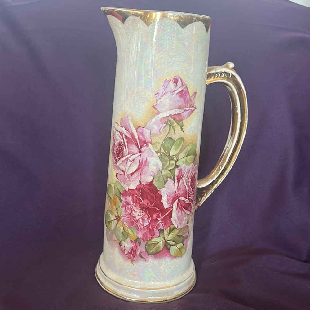 Elegant Floral Pitcher Vase with Gold Accents